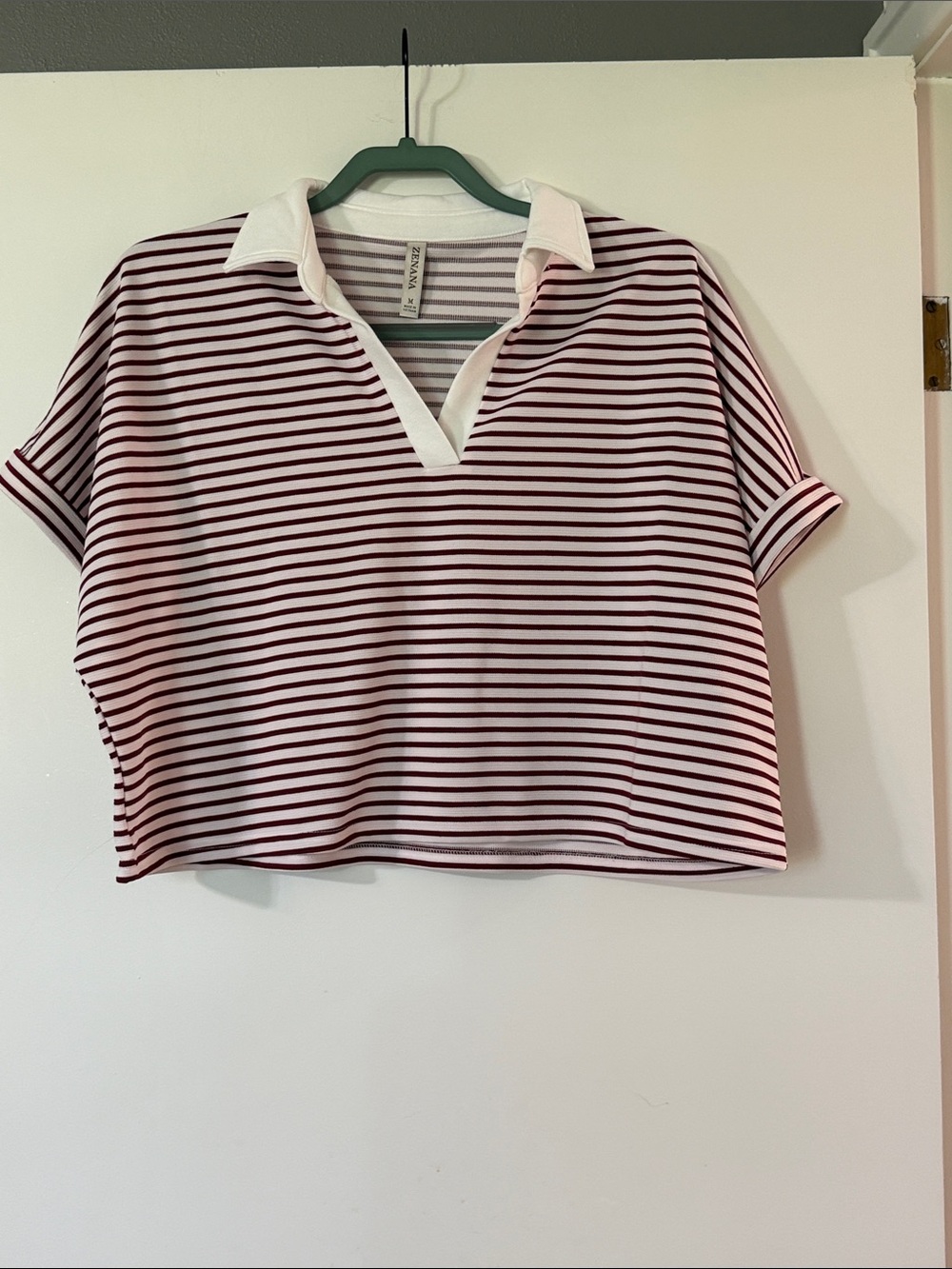 Zenana Outfitters Burgundy & White Striped Cropped Polo Tee and shorts set
